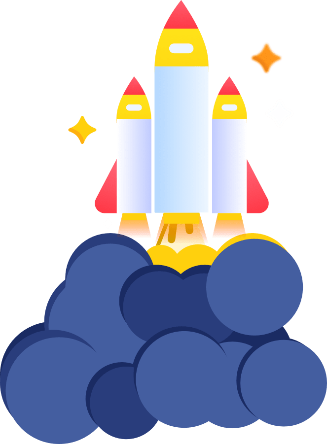 A white rocket ship with red and yellow accent colours is rising above a cloud of dark indigo blue. There are two yellow stars in the skey
