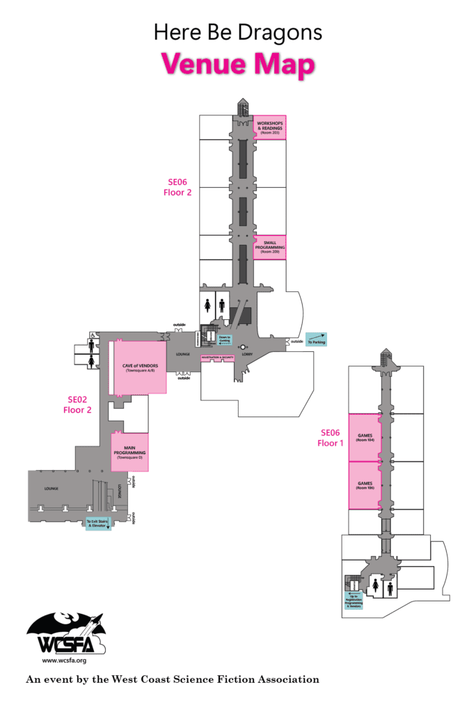 Floor plan of BCIT Venue space showing the areas used by the Here Be Dragons event.