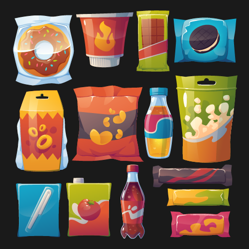 Collection of cartoon packaged snack items