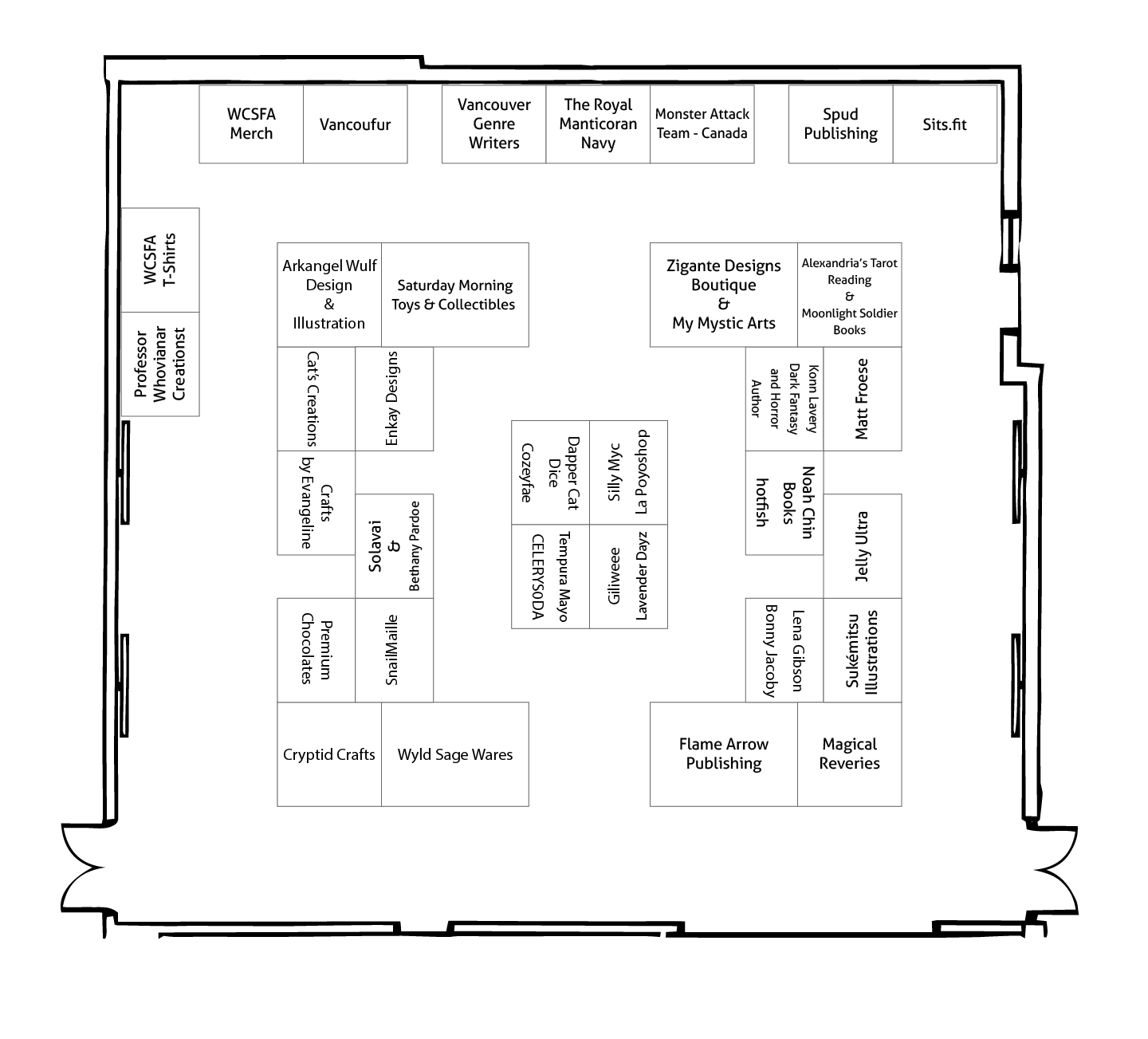 Floor layout of the CONnections Marketplace with vendor and fan organization names