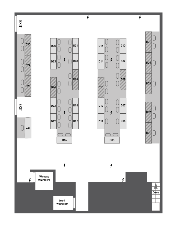 A floor plan of the table locations on the downstairs floor of the Sapperton Pensioners' Hall for Fandom Bazaar 2026
