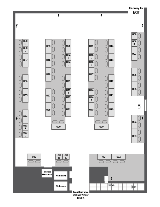 A floor plan of the table locations on the upstairs floor of the Sapperton Pensioners' Hall for Fandom Bazaar 2026