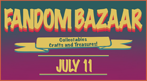 Detail from the Fandom Bazaar poster showing the event title in yellow text with a red "shadow" on a curved green banner.