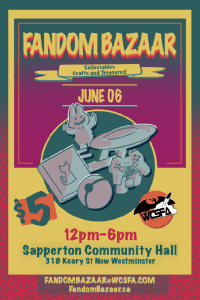 Detail from the Fandom Bazaar poster showing the event title in yellow text with a red "shadow" on a curved green banner.