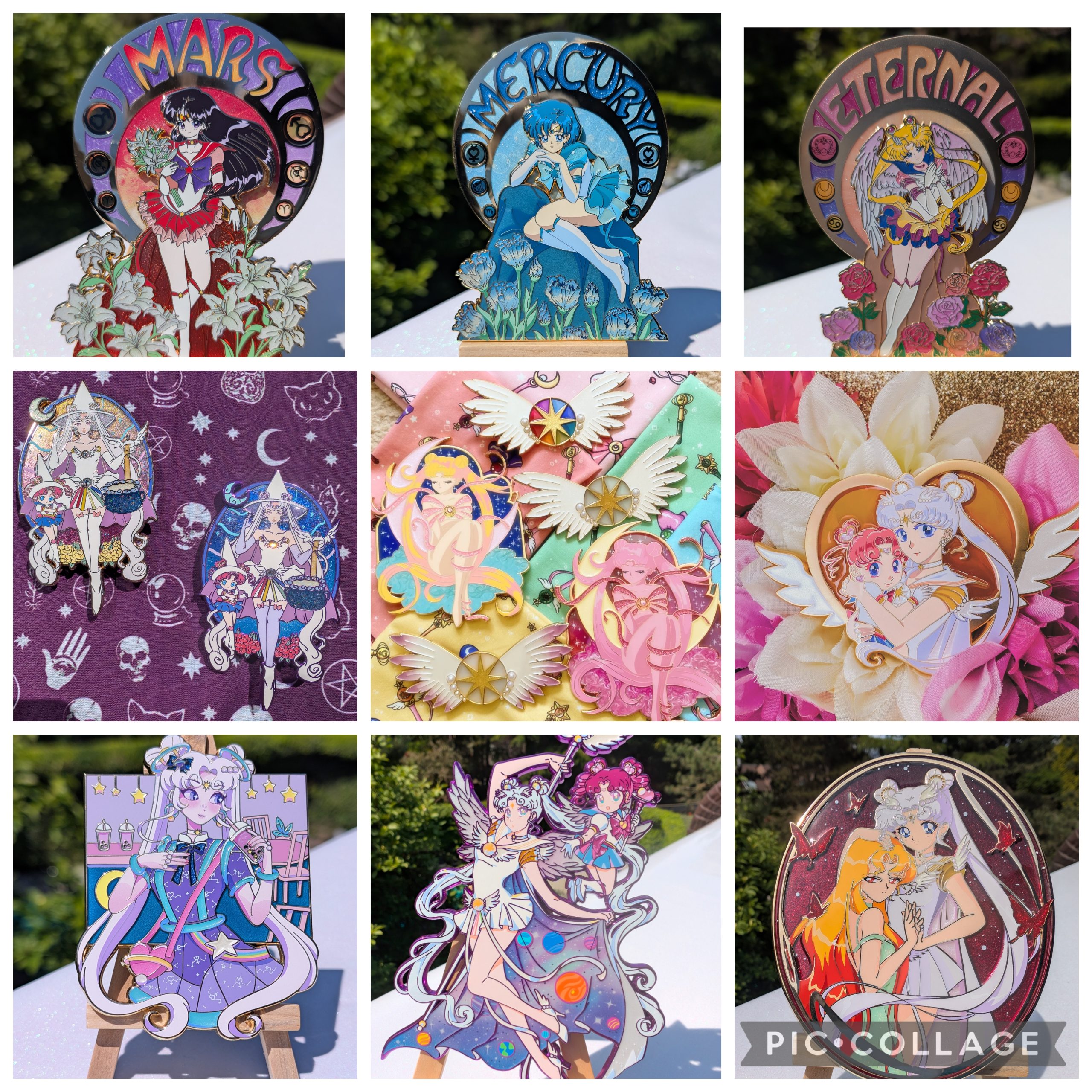 Collage of colourful, glittery enamel pins featuring magical girl characters, including Sailor Moon-inspired designs, celestial motifs, wings, flowers, and fantasy-themed character art.