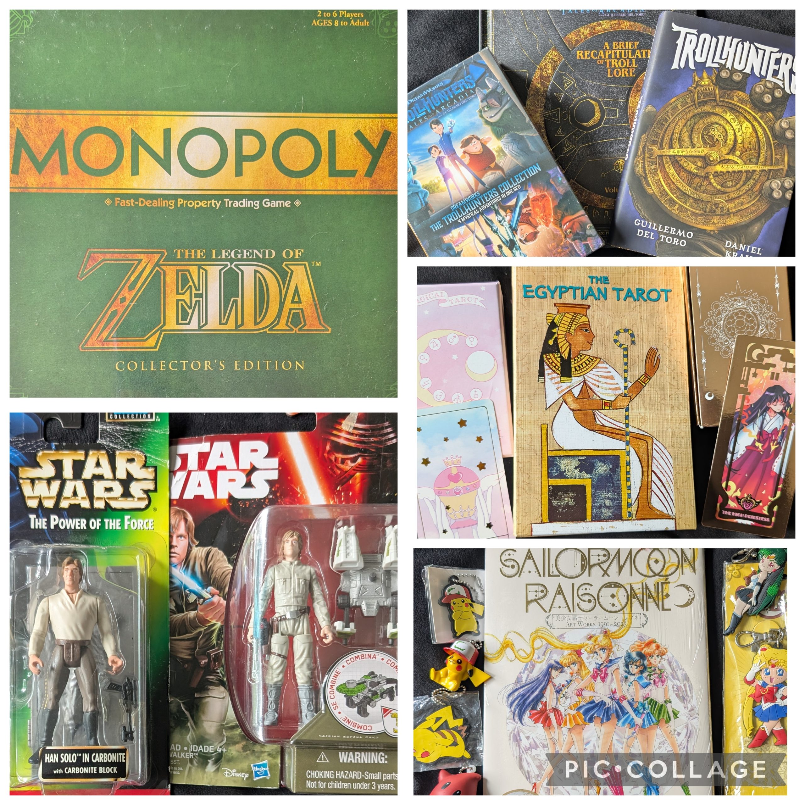 Collage of fandom collectibles including a Legend of Zelda Monopoly game, Star Wars action figures, Trollhunters books and DVDs, tarot decks, Sailor Moon art, and small character keychains.
