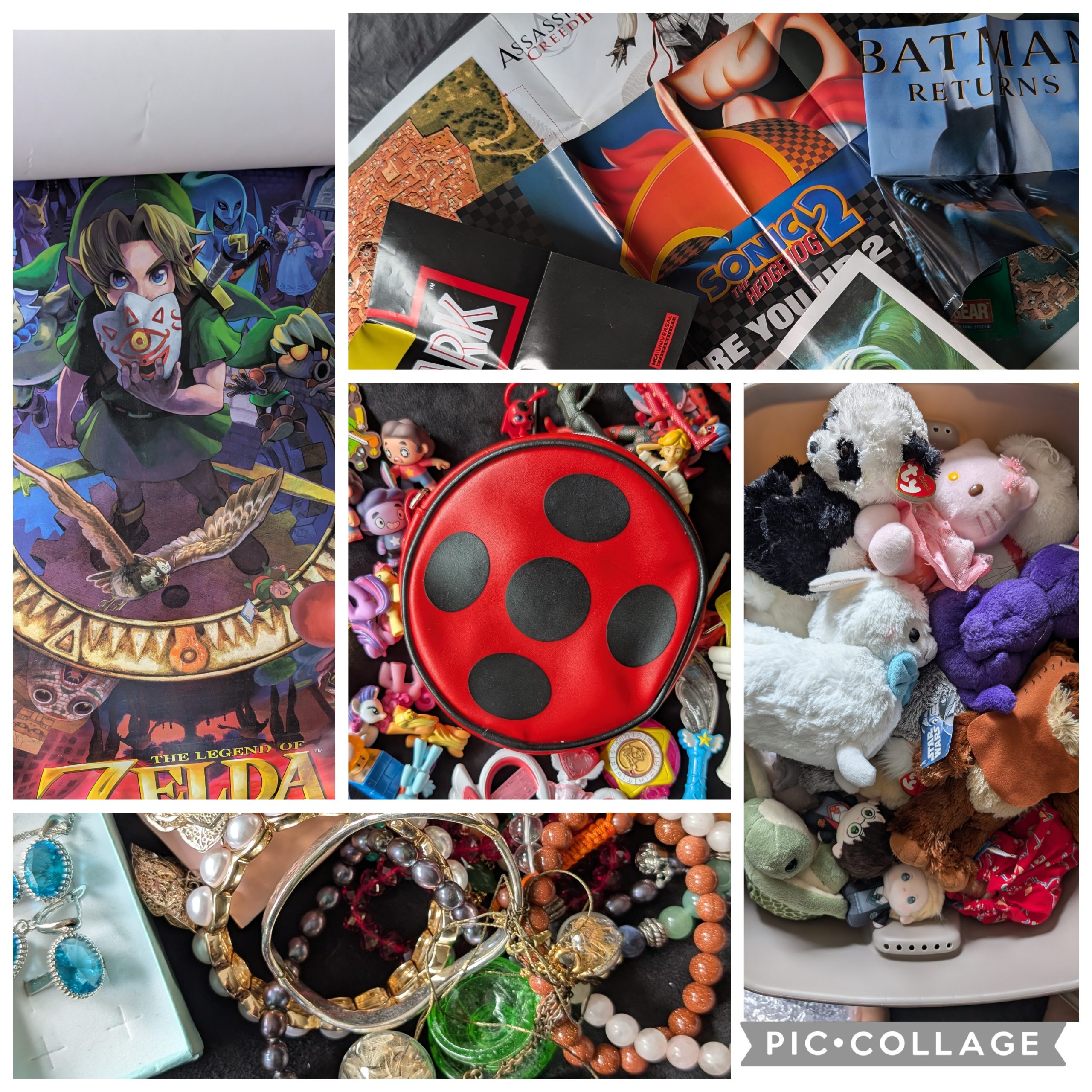 Collage of vintage and fandom treasures including a Legend of Zelda poster, folded game and movie posters, a ladybug bag surrounded by small toys, plush animals, and assorted jewellery.