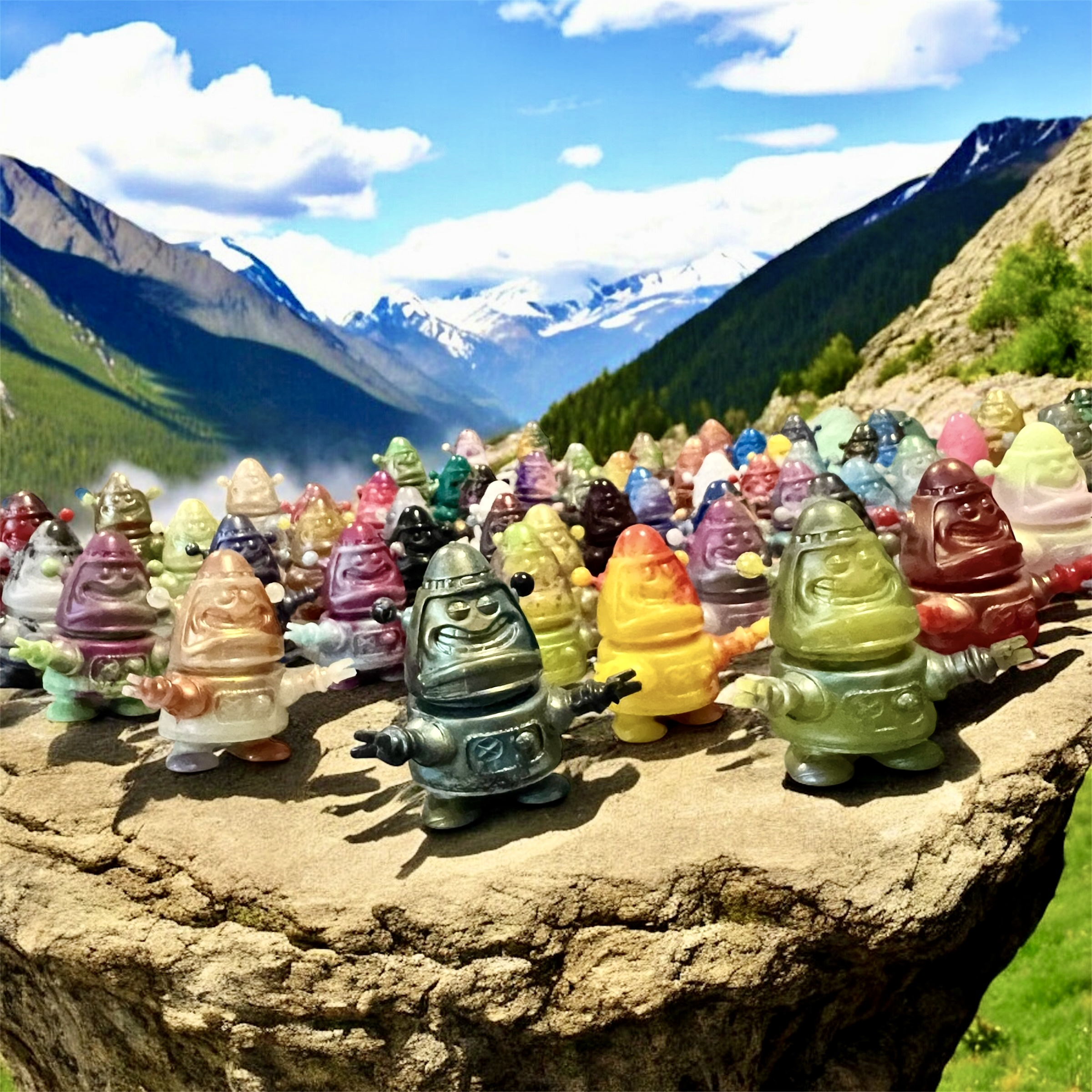 Large group of colourful hand-cast designer toy figures arranged in front of a mountain landscape backdrop.