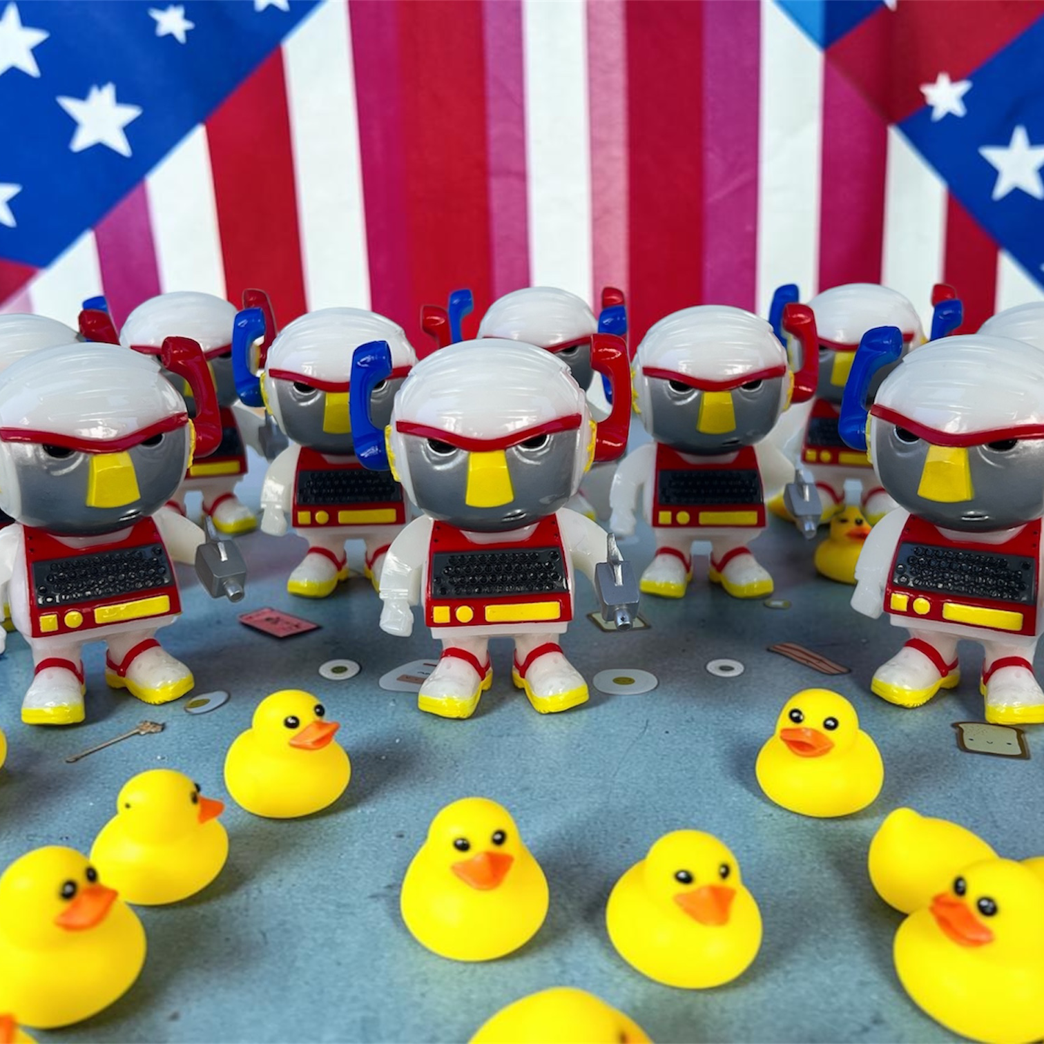 Rows of hand-painted robot toys posed with small yellow rubber ducks against a red, white, and blue striped backdrop.