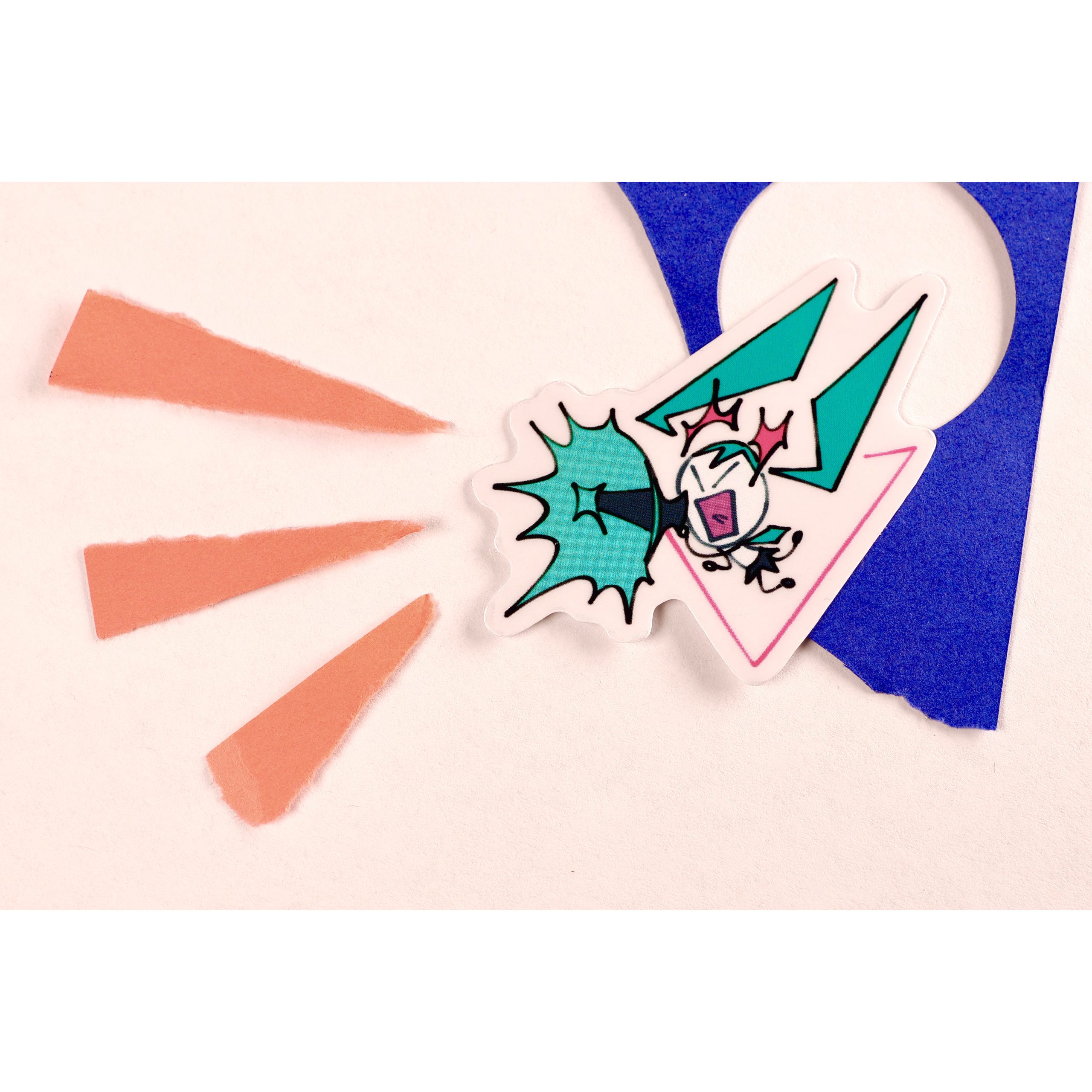 Vocaloid-themed sticker of a teal-and-white angular character singing or shouting, placed among torn orange and blue paper shapes.