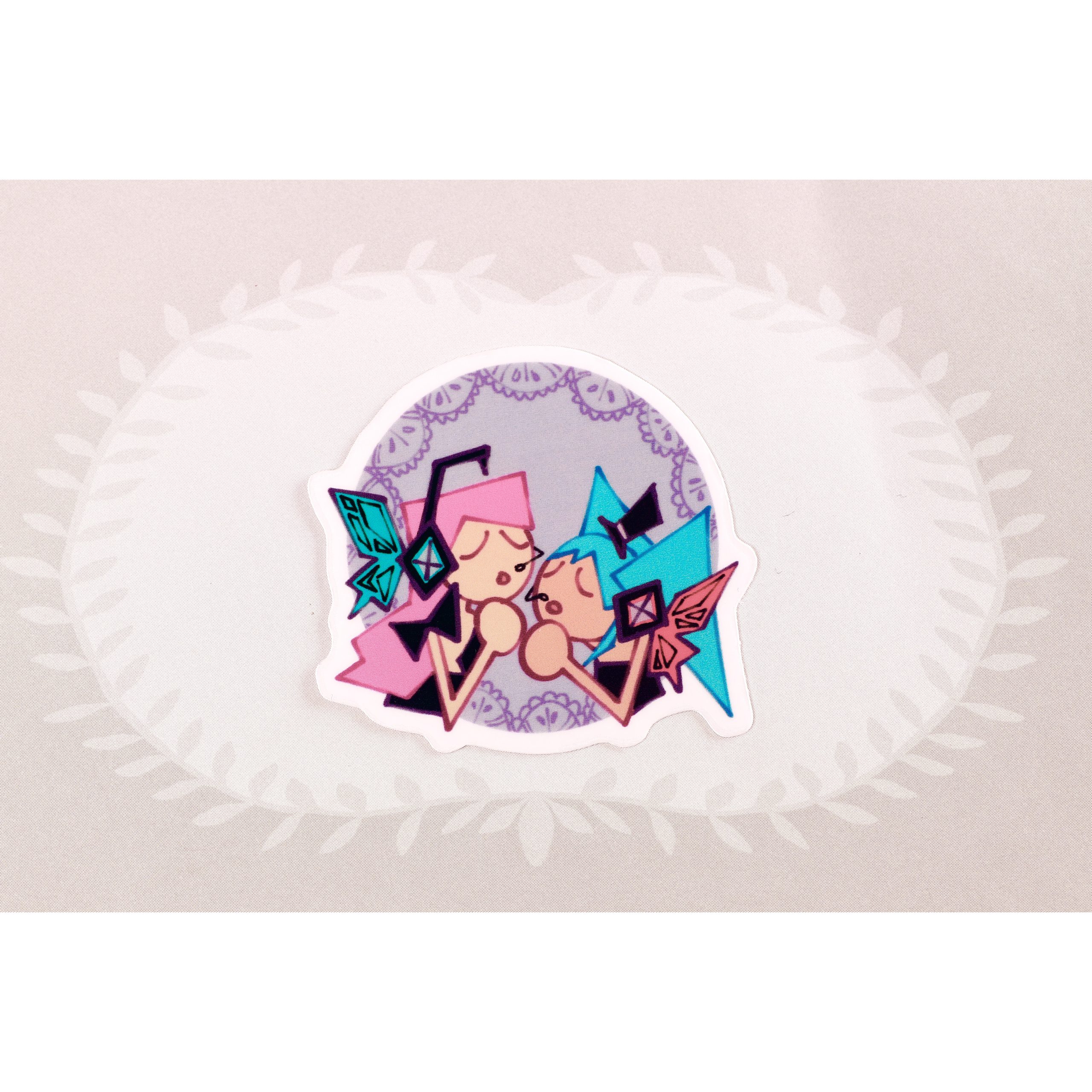 Small Vocaloid-themed sticker of two angular pink and teal characters singing together against a soft patterned background.
