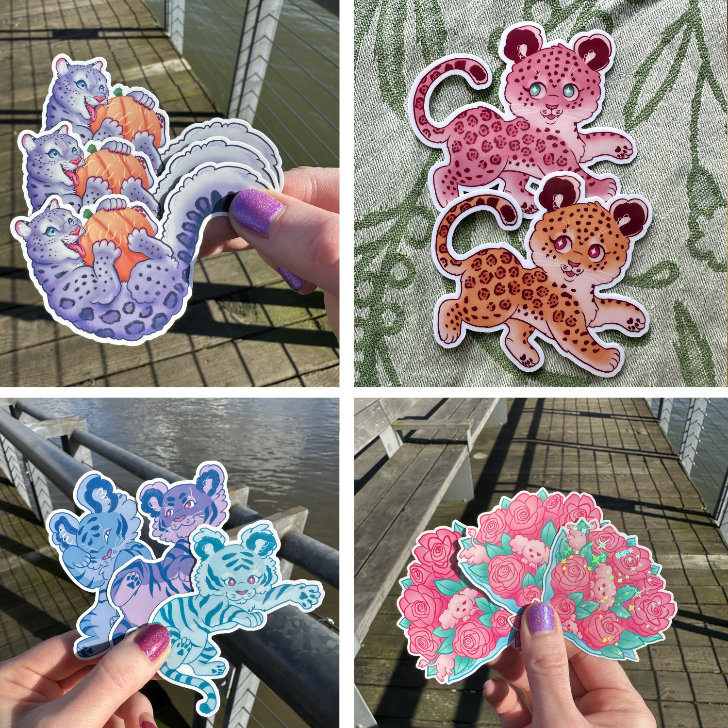 Collage of cute animal stickers, including snow leopards with orange balls, cute spotted cats, blue tiger cubs, and pink floral designs.