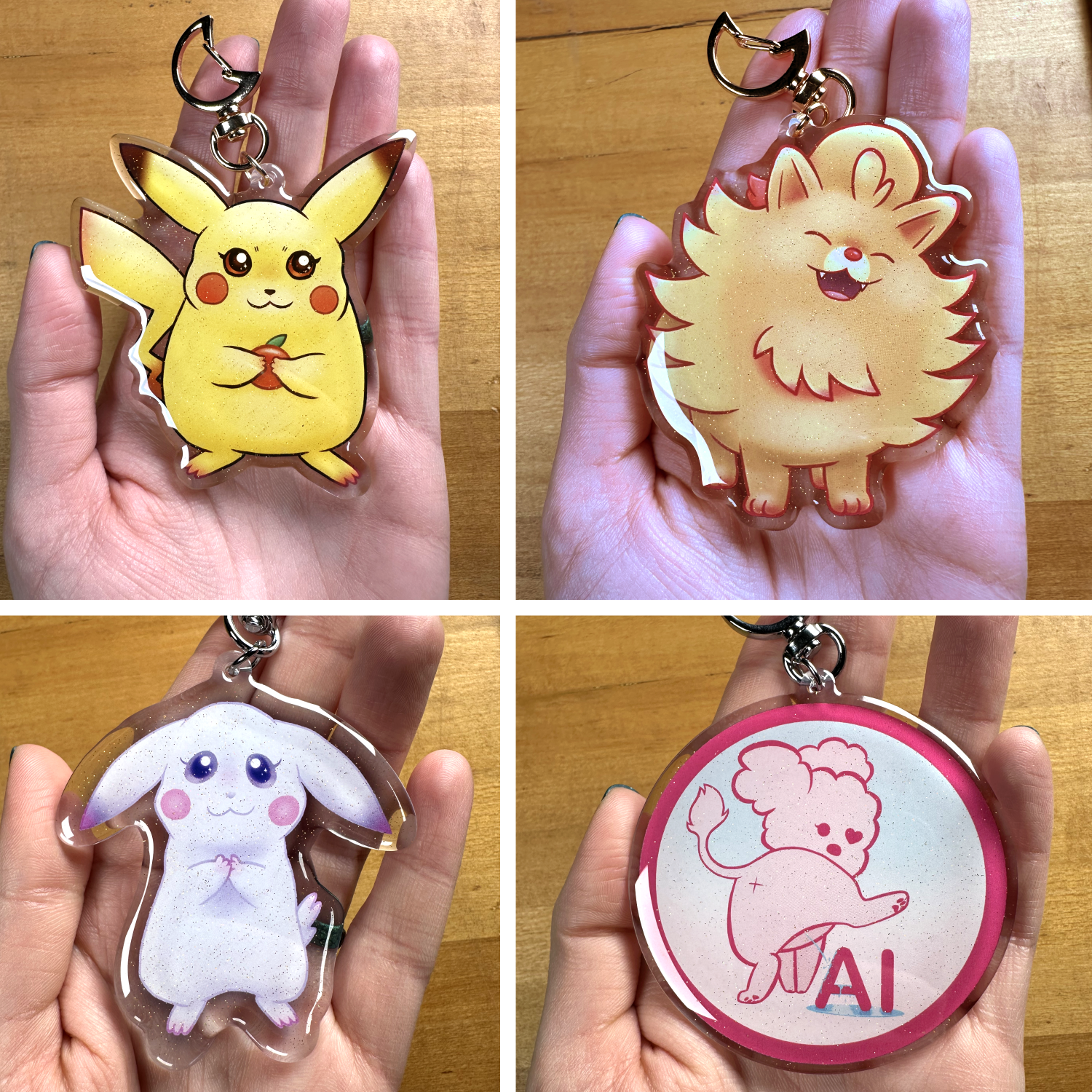 Collage of large acrylic keychains featuring cute fandom-inspired characters, including Pikachu, Growlithe, a white rabbit-like character, and a pink dog "pissing on AI” design.