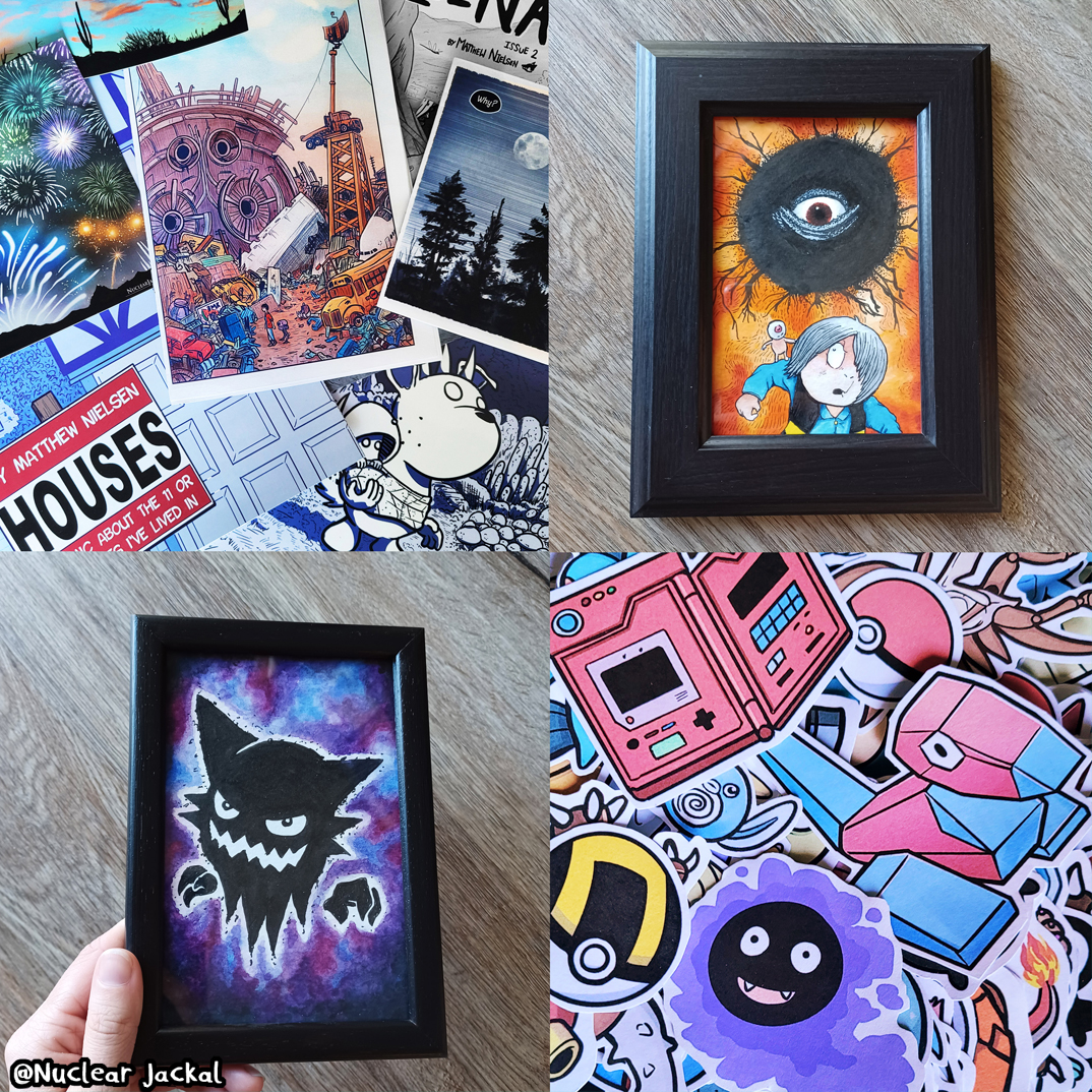 Collage of Nuclear Jackal artwork including comics, colourful fan art stickers, illustrated prints, and small framed spooky character paintings.