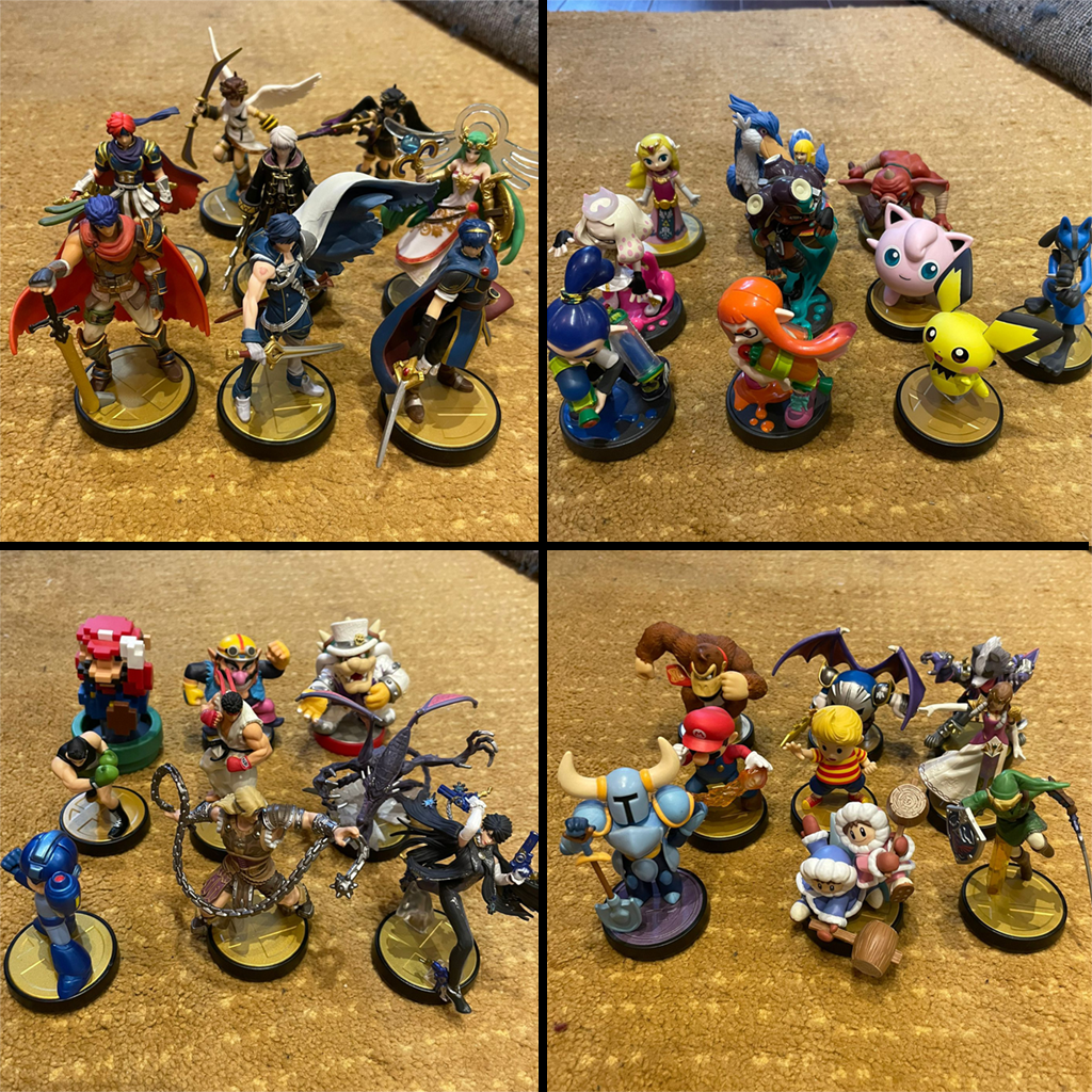 Collage of used Nintendo amiibo and other collectible character figures arranged on a carpet, including fantasy, video game, and anime-inspired figures.