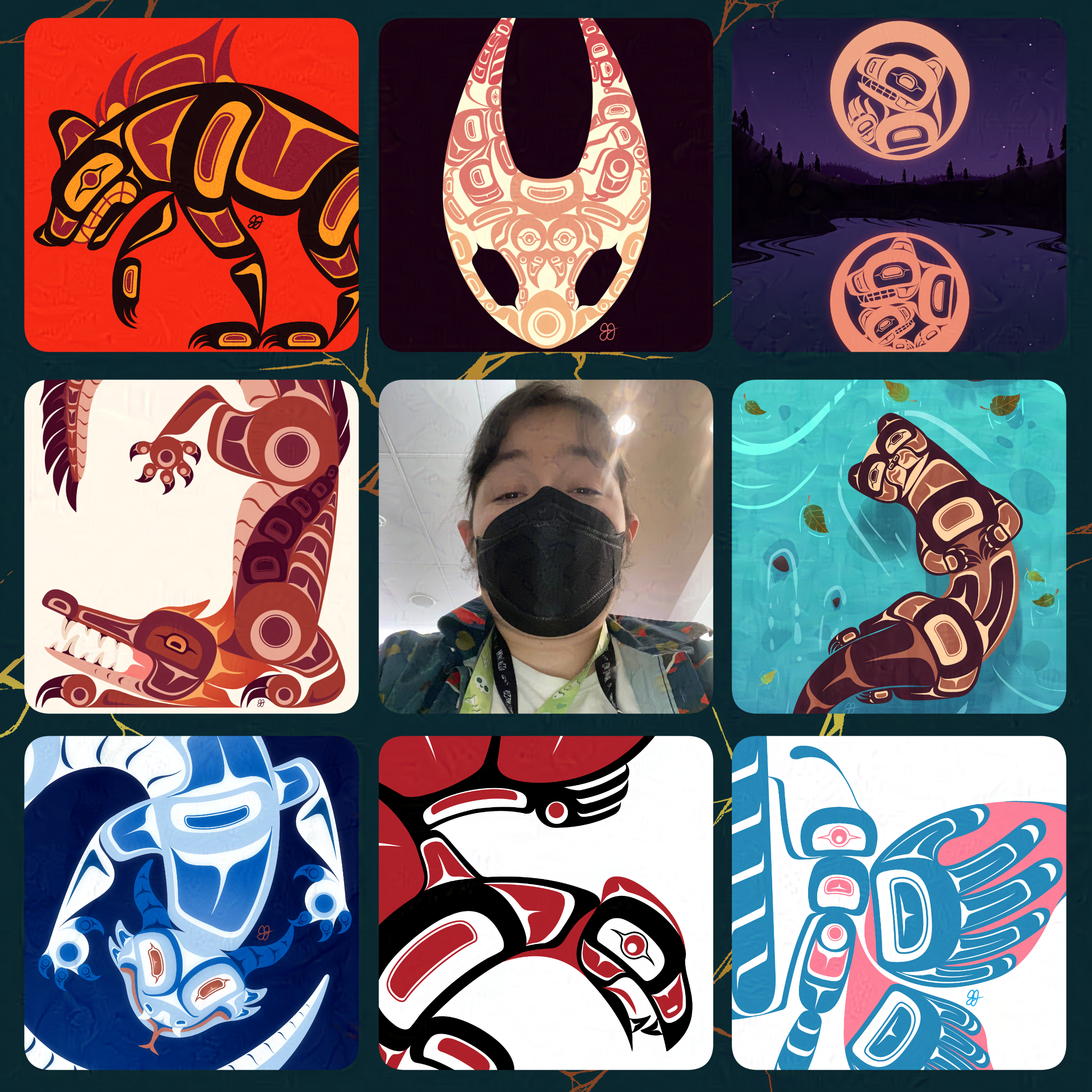 Collage of TeleKitnetic Art’s bold Indigenous-inspired animal illustrations, including wolves, ravens, otters, birds, and moonlit scenes, with the artist pictured in the centre square.