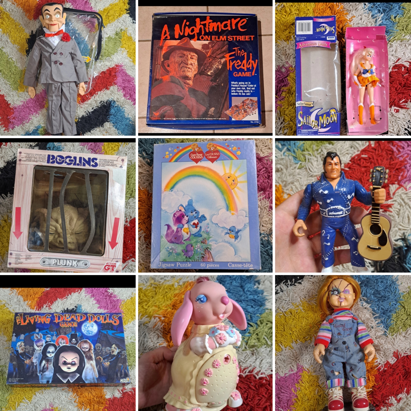 Collage of vintage toys and collectibles including a ventriloquist dummy, Nightmare on Elm Street game, Sailor Moon doll, Boglins figure, Care Bears puzzle, Elvis-style action figure, Living Dead Dolls game, bunny music box, and Chucky doll.