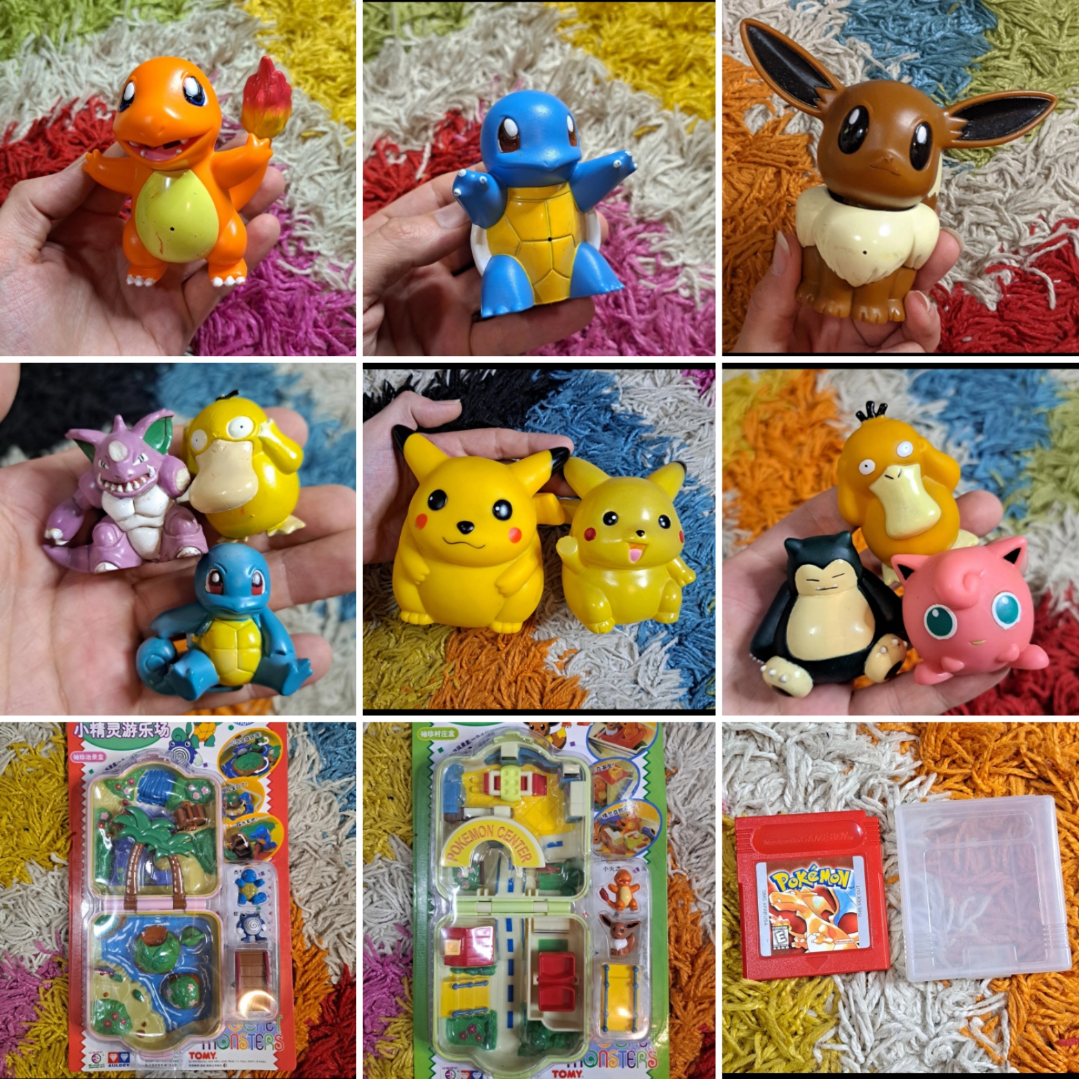 Collage of vintage Pokémon toys and games including Charmander, Squirtle, Eevee, Psyduck, Snorlax, Jigglypuff, Pikachu figures, playsets, and a Pokémon Game Boy cartridge.