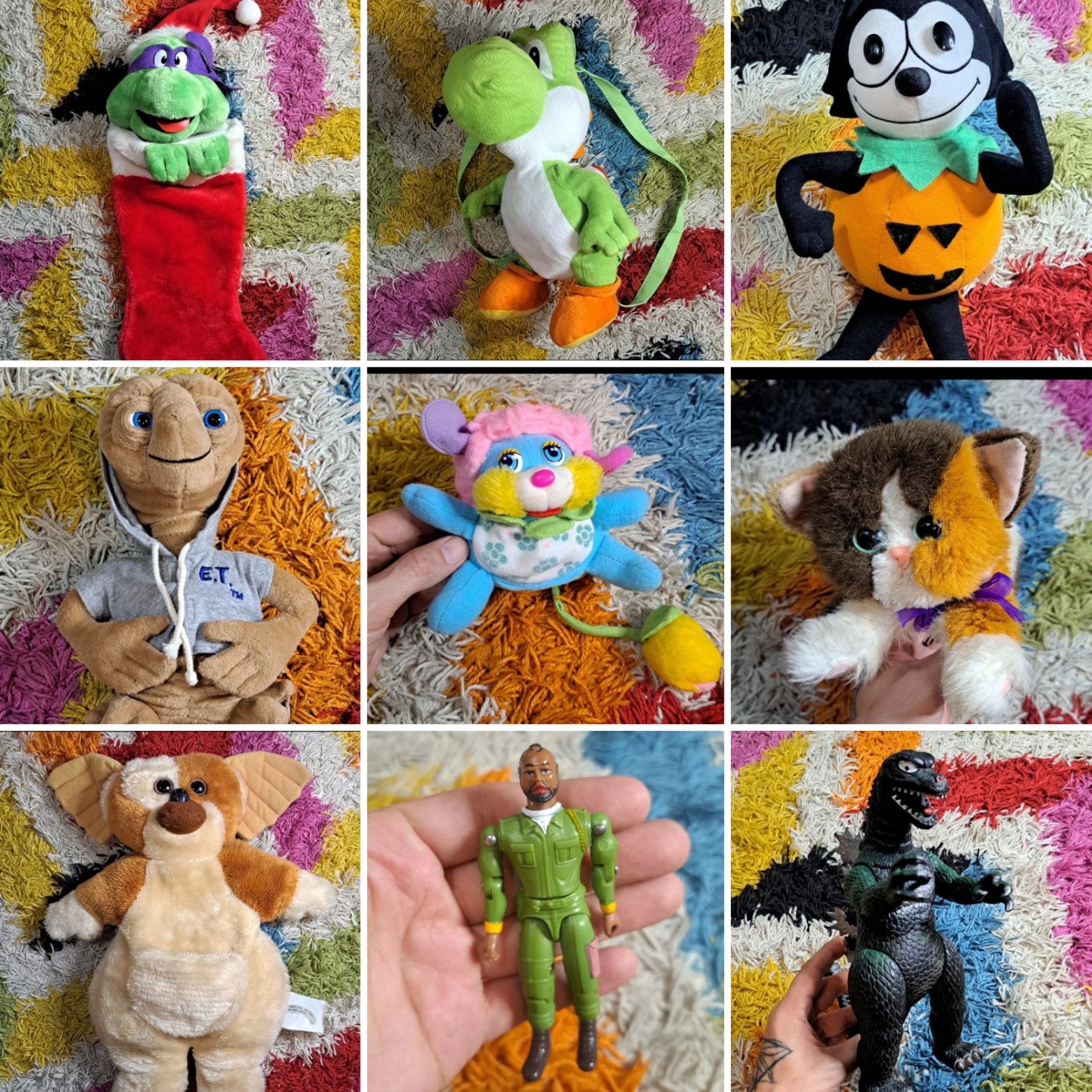 Collage of retro plush toys and action figures including Yoshi, Felix the Cat, E.T., Gremlins, a calico cat plush, Mr. T action figure, and Godzilla figure.