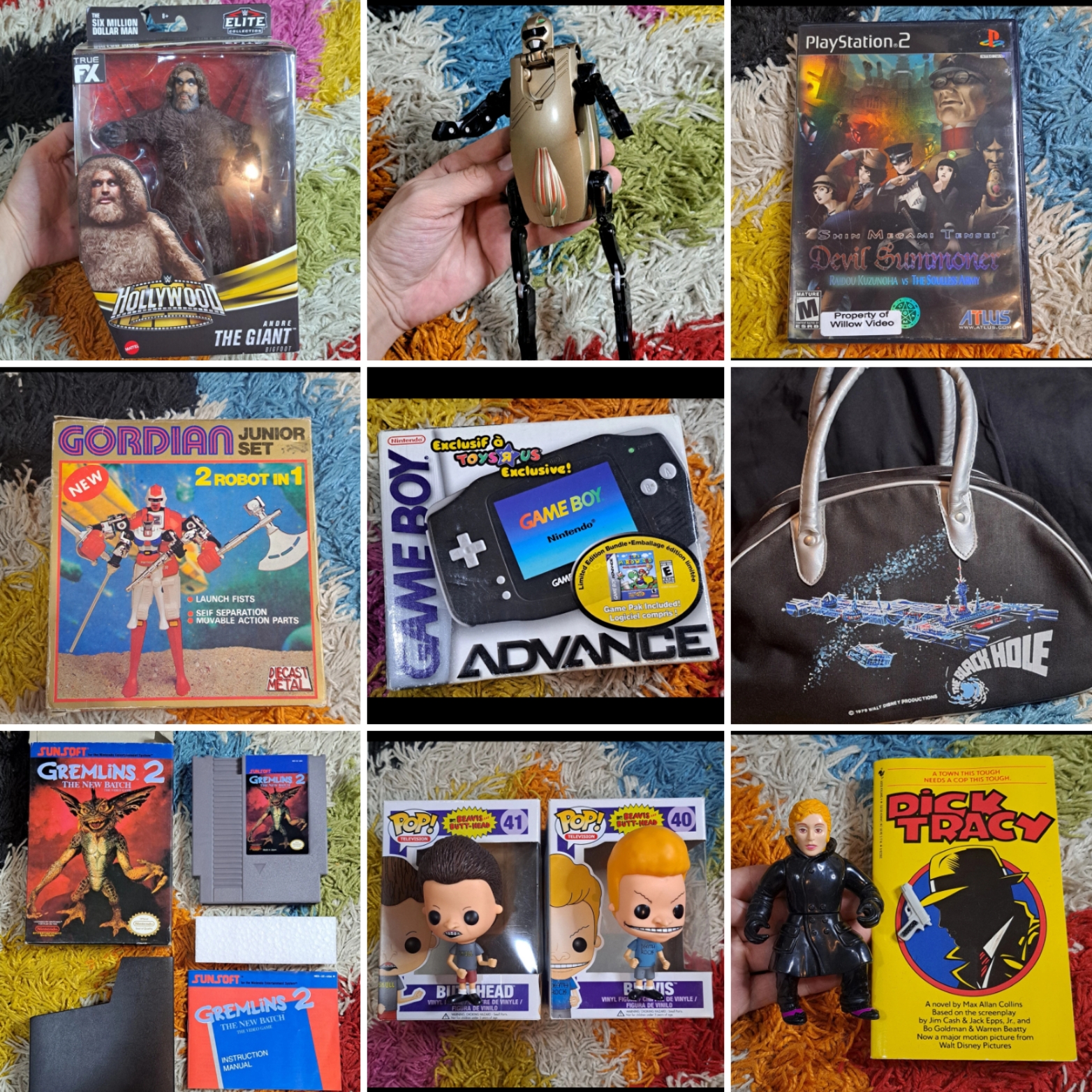 Collage of vintage collectibles including a Six Million Dollar Man action figure, Devil Summoner PlayStation 2 game, Gremlins 2 NES game, Game Boy Advance box, Beavis and Butt-Head figures, and other retro toys and media.