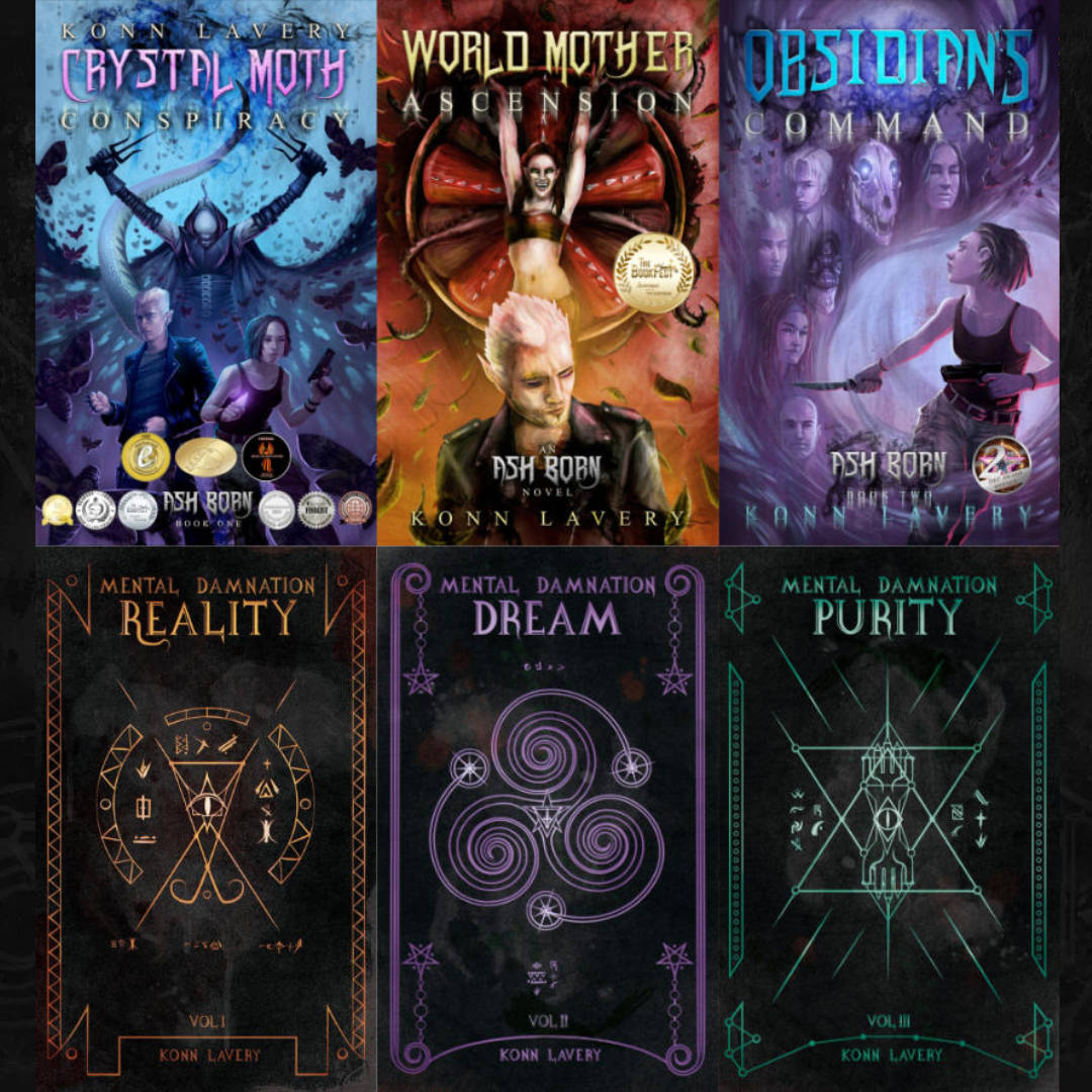 Grid of Konn Lavery book covers, including Crystal Moth Conspiracy, World Mother Ascension, Obsidian’s Command, and the Mental Damnation series.