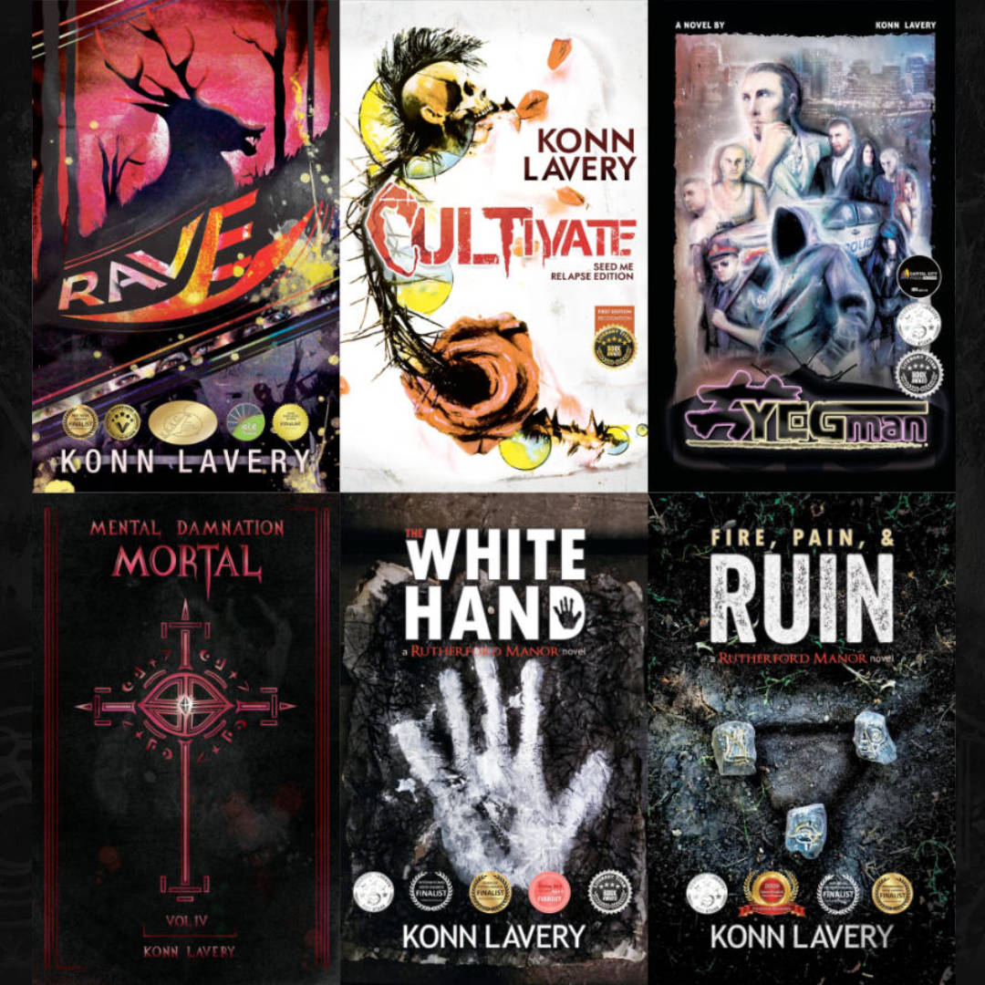 Grid of Konn Lavery book covers, including Rave, Cultivate, YEGman, Mortal, The White Hand, and Fire, Pain, & Ruin.