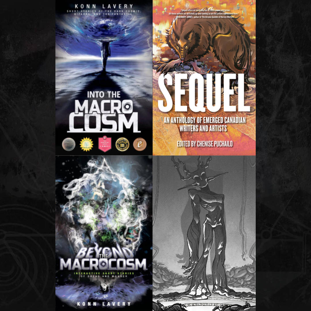 Grid of Konn Lavery dark fantasy and horror book covers, including Into the Macrocosm, Sequel, Beyond the Macrocosm, and a black-and-white creature illustration.
