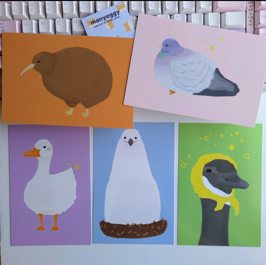 Five cute bird art prints on colourful backgrounds, including a kiwi, pigeon, duck, seagull in a nest, and Canada goose in a yellow headscarf.